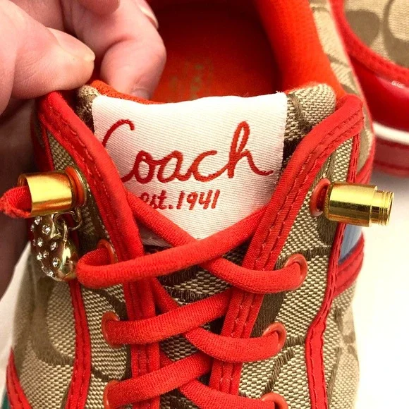 VTG Coach Women's Sneakers Oriana Size 9.5 Rhinestones Charms Logo Red Khaki Y2K - Picture 12 of 14